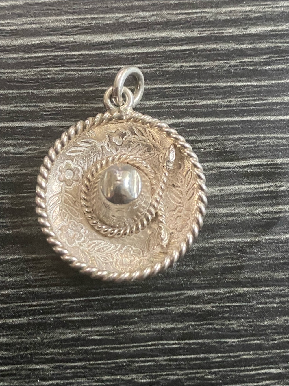 Sterling Silver  Mexico Floral Rope Edge Hat Charm Pendant - Silver